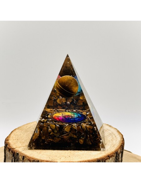 Pirâmide olho de tigre orgonite com esfera 7 cm