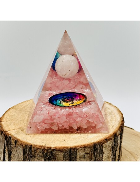 Pirâmide orgonite quartzo rosa Esfera Metatron 7 cm