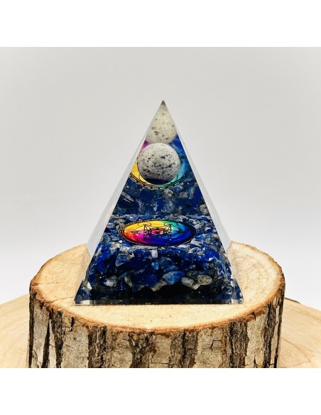 Pirâmide de lápis lazúli orgonite com esfera 7 cm cristal natural