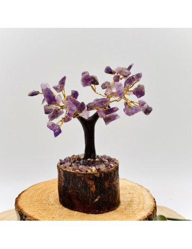 Árbol de amatista pequeño con base de madera para paz interior, protección energética y claridad espiritual