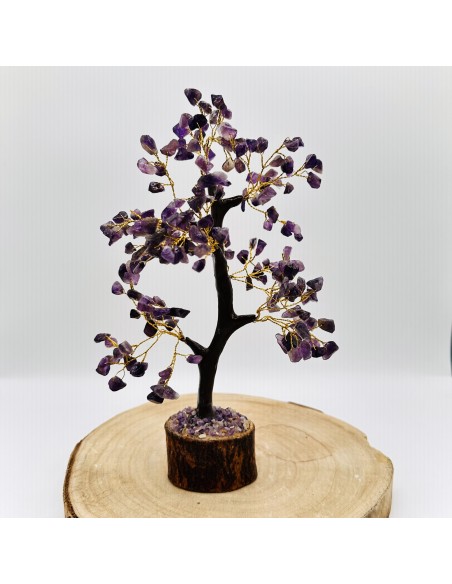 Árvore de ametista média 23 cm com base de madeira pedra natural