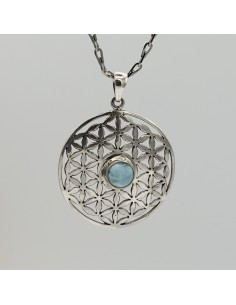 Pendente de larimar Flor da Vida em prata para paz interior, comunicação sutil e harmonia espiritual