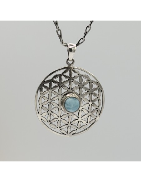 Pendente de larimar Flor da Vida em prata para paz interior, comunicação sutil e harmonia espiritual