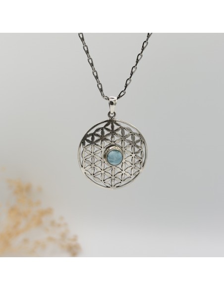 COLGANTE DE LARIMAR FLOR DE LA VIDA EN PLATA DE LEY