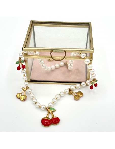 Colar de pérolas e cerejas em aço inoxidável elegante