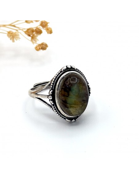 Anel ajustável de labradorite em prata de lei Luhz