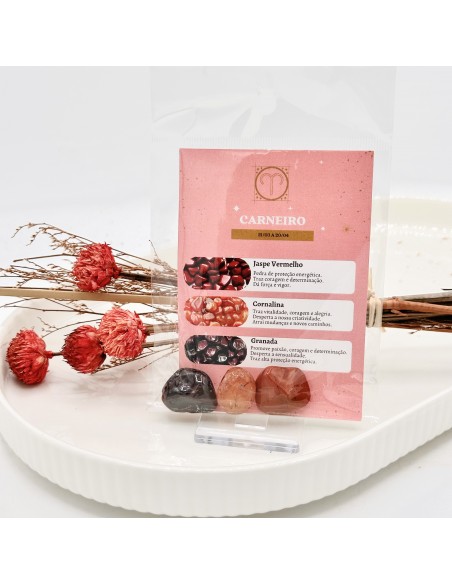Kit Tenda Gaia con Jaspe Rojo, Cornalina y Granate — piedras del signo Aries ♈ para energía, coraje y protección.