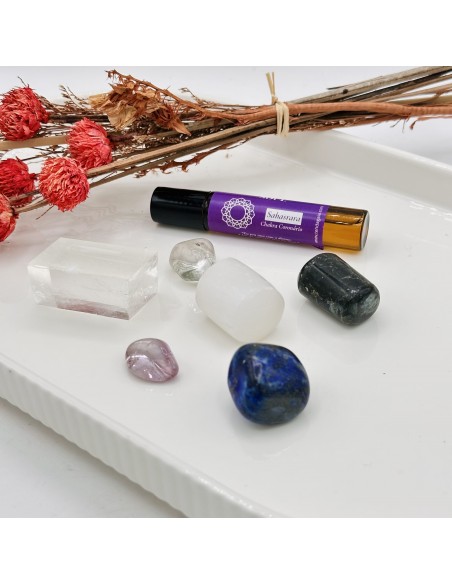 Kit conexão com os guias com cristais para intuição elevada, proteção espiritual e fortalecimento da escuta interior.