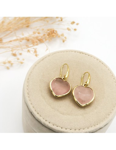 Pendientes de cuarzo rosa en forma de corazón para amor propio, sanación emocional y equilibrio del chakra cardíaco.