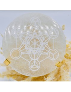 Base de selenita Metatron de 10 cm para limpieza energética, protección del campo y elevación vibracional del espacio.