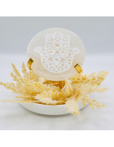 Base de selenita Hamsa de 10 cm para protección energética, purificación del campo y armonización del ambiente.