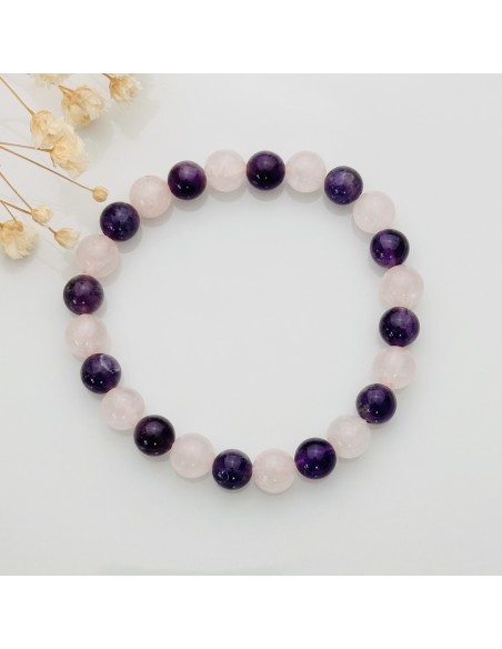 Pulsera de amatista y cuarzo rosa que aporta armonía emocional, amor propio y protección espiritual