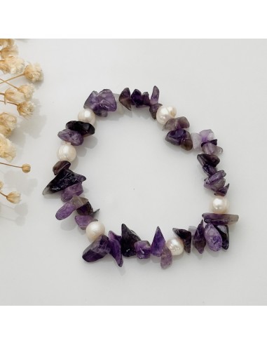 Pulseira de ametista e pérolas chip para serenidade interior, equilíbrio emocional e elevação espiritual