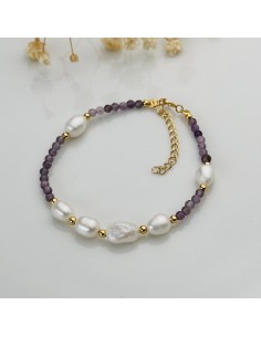 PULSERA DE AMATISTA Y PERLA EN PLATA DE LEY DORADA