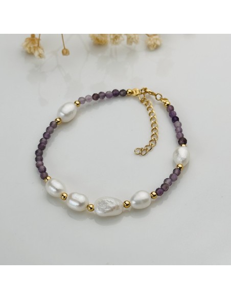 Pulsera de amatista y perlas en plata de ley dorada para serenidad interior, sofisticación energética y equilibrio emocional