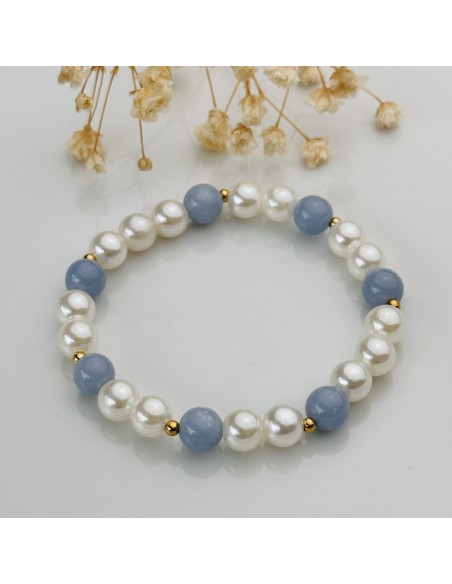 Pulseira de angelite e pérolas para paz interior, suavidade emocional e conexão espiritual