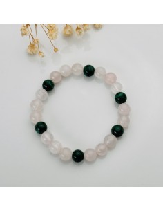 Pulseira de quartzo rosa e malaquite 8 mm cristais naturais