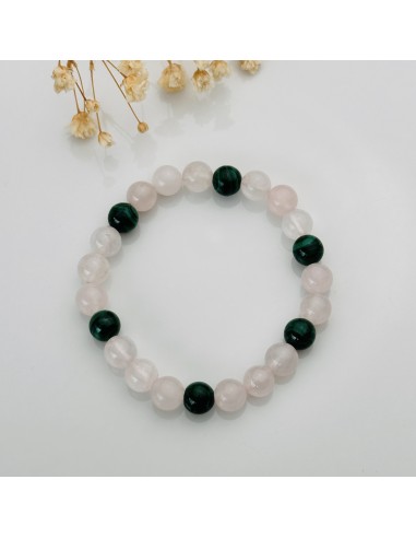 Pulseira de quartzo rosa e malaquite 8 mm cristais naturais