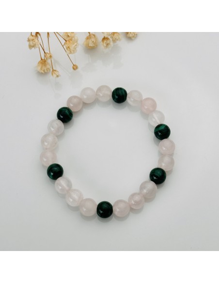 PULSERA DE CURA CUARZO ROSA Y MALAQUITA 8MM