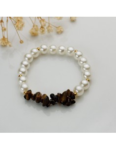 PULSERA DE OJO DE TIGRE Y PERLA  CHIP