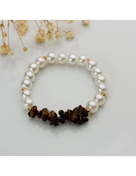 Pulsera de ojo de tigre y perlas chip para protección energética, coraje interior y equilibrio emocional