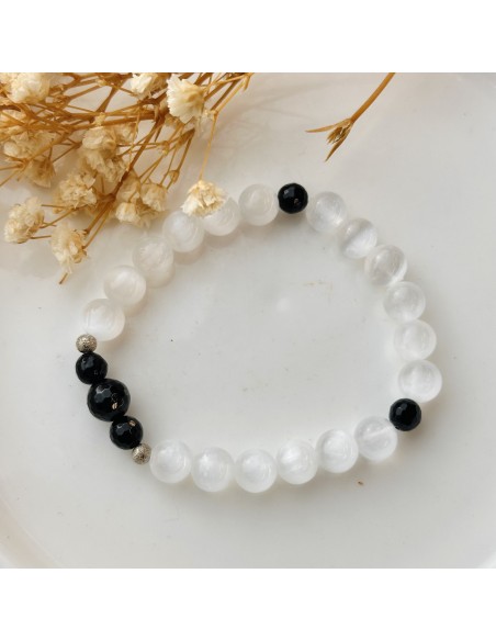 Pulsera de selenita y turmalina facetada para protección energética, purificación interior y equilibrio vibracional