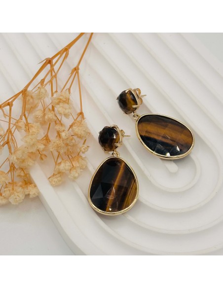 Brincos de olho de tigre Ísis em aço pedra natural
