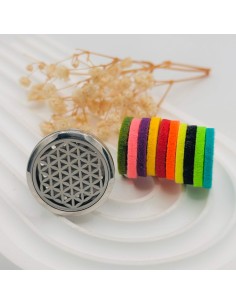 Difusor de aromaterapia para coche Flor de la Vida para armonización energética, equilibrio interior y conducción consciente.