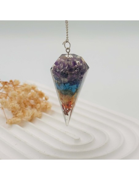 Pêndulo 7 chakras orgonite para alinhamento energético, clareza intuitiva e harmonização espiritual
