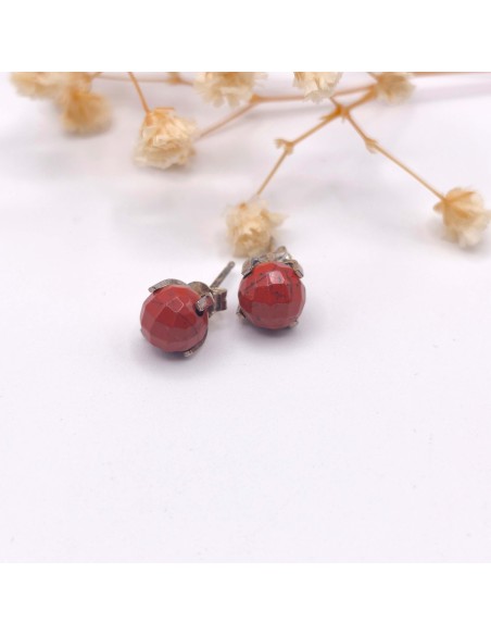 PENDIENTES DE JASPE ROJO FACETADO PLATA DE LEY 8MM