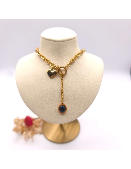 Colar de elos e coração em aço inoxidável elegante