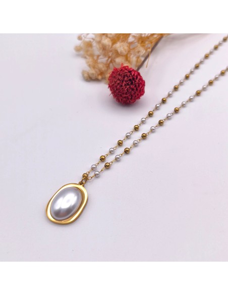 Colar de pérolas estilo rosário em aço inoxidável para paz interior, devoção consciente e elevação espiritual.