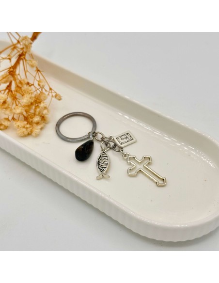 Porta chaves com Pedra da Cruz (Quiastolite) para proteção espiritual, equilíbrio emocional e conexão com a fé interior