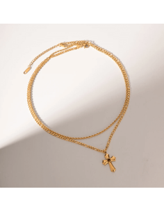 COLLAR DE OJO TIGRE DUPLO CRUCIFIJO EN ACERO INOXIDABLE