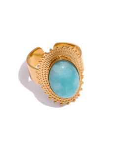 Anel de amazonite ajustável em aço inoxidável para comunicação autêntica, serenidade emocional e alinhamento interior