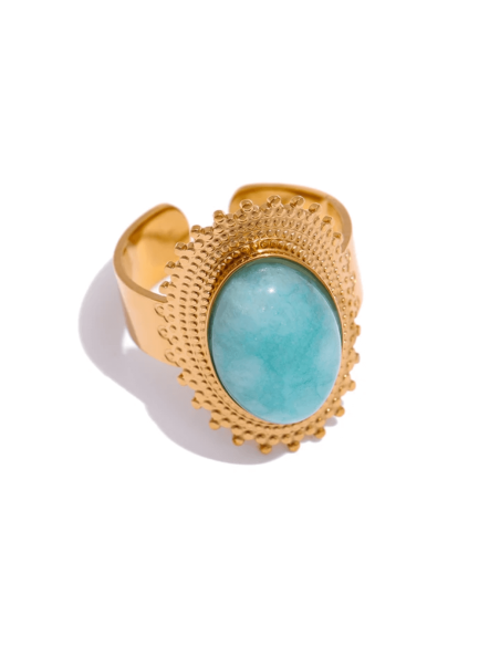 Anel de amazonite ajustável em aço inoxidável para comunicação autêntica, serenidade emocional e alinhamento interior