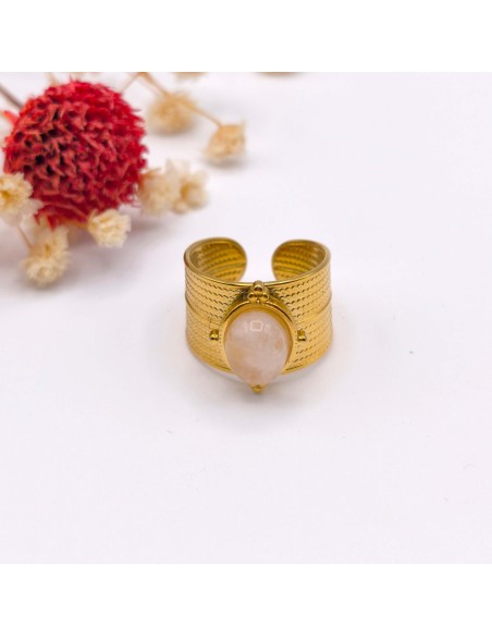 Anillo de cuarzo rosa ajustable en acero inoxidable para amor propio, equilibrio emocional y armonía del corazón