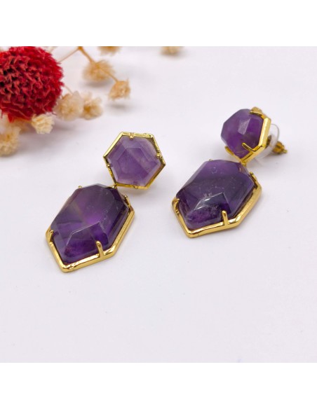 Brincos de ametista Maia em aço pedra natural