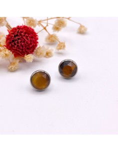 Brincos de olho de tigre coração em aço pedra natural