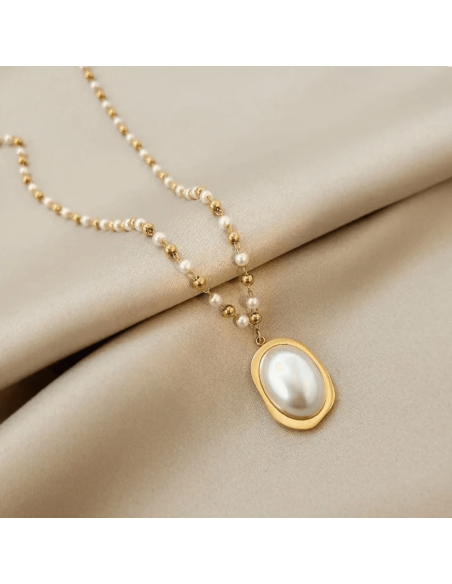 Colar de pérolas estilo rosário em aço inoxidável