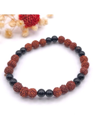 Pulsera de rudraksha y turmalina negra 6 mm para protección espiritual profunda, enraizamiento y estabilidad energética