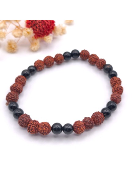 Pulsera de rudraksha y turmalina negra 6 mm para protección espiritual profunda, enraizamiento y estabilidad energética