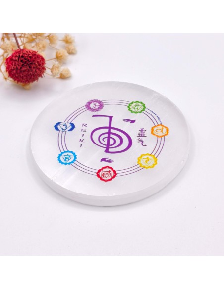 Base de selenite 8 cm com símbolos Reiki e chakras para purificação e alinhamento energético