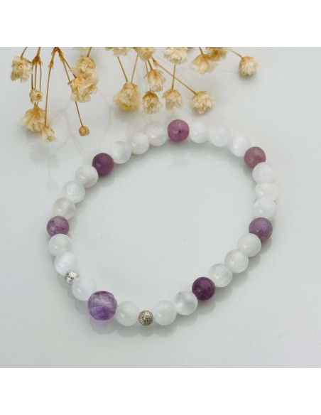 Selenita y lepidolita para paz interior, alivio de la ansiedad y equilibrio emocional.