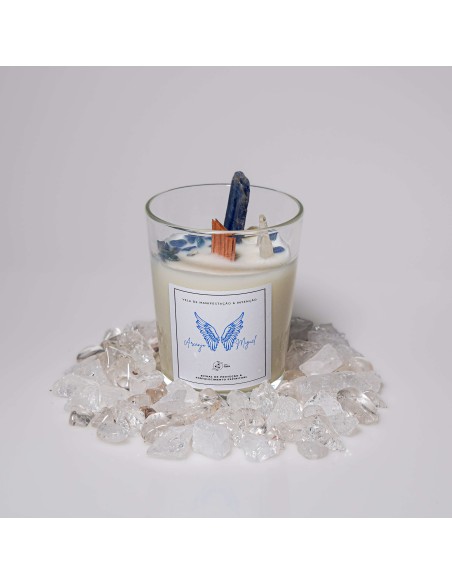 Vela del Arcángel Miguel con cianita azul para protección y corte energético
