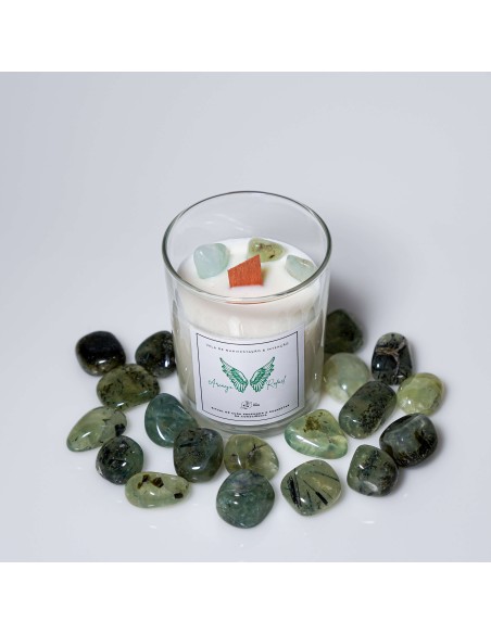 Vela do Arcanjo Rafael com prehnite para ritual de cura e Raio Verde