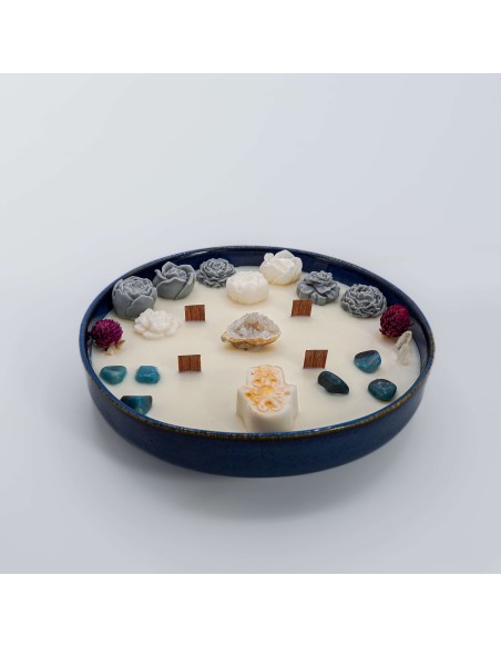 Vela mandala con Cuarzo Cristal y Trolita para expansión espiritual y armonización energética