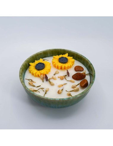 Vela con girasol, pétalos amarillos y Jaspe Amarillo para prosperidad y energía solar