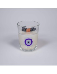 Vela de protección energética con ojo griego y obsidiana nevada para alejar envidia