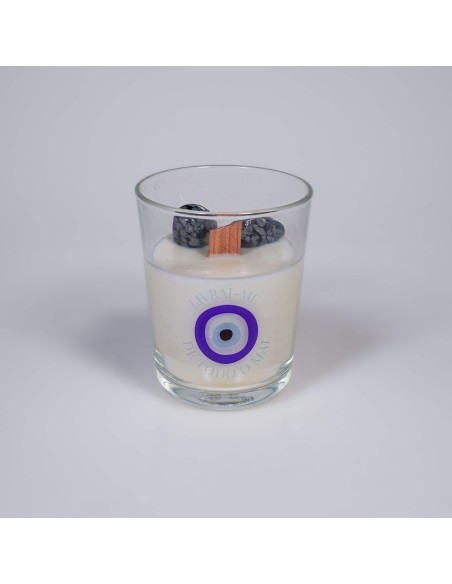 Vela de protección energética con ojo griego y obsidiana nevada para alejar envidia